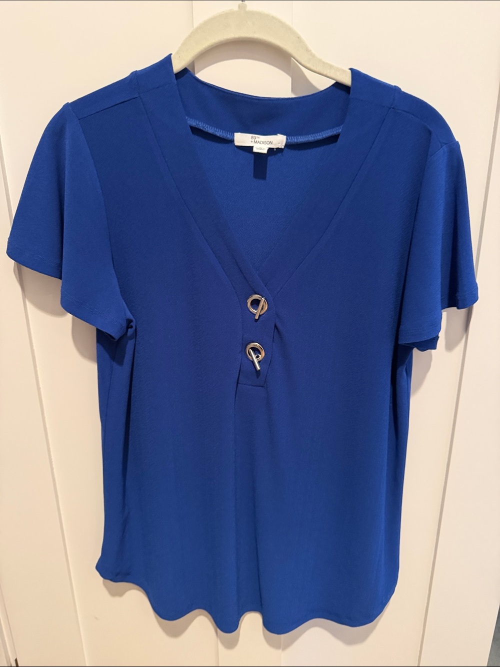 89th & Madison Royal Blue V-Neck Short Sleeve Top with Ring Accent